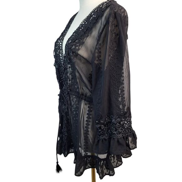 NEW POL Small Black Sheer Lace Lingerie Cover-Up / Robe / Wrap Tassel Embroidery - Picture 5 of 16